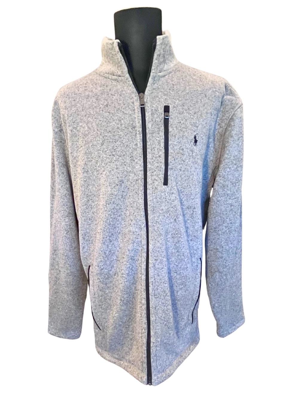 POLO Ralph Lauren XL Light Gray Heather Full-Zip Fleece Knit Jacket Black Trim